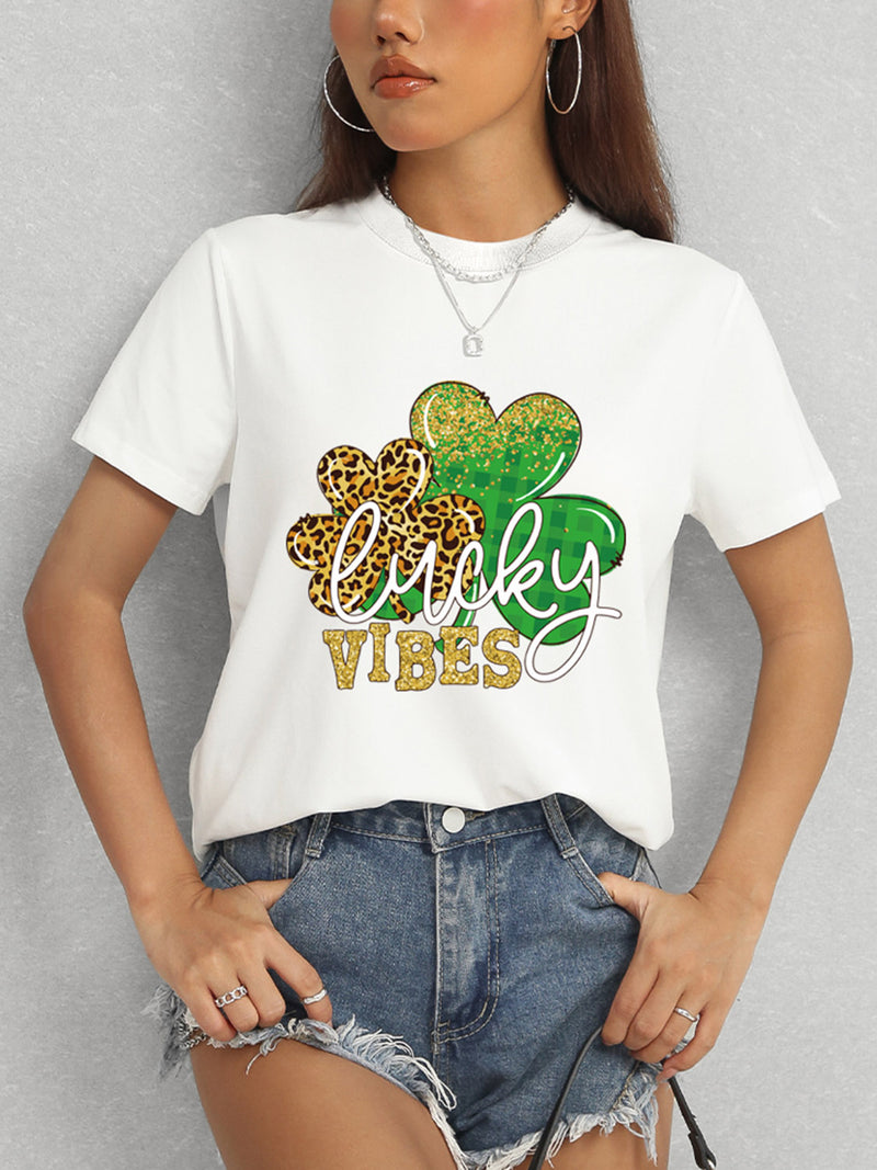 LUCKY VIBES Round Neck Short Sleeve T-Shirt