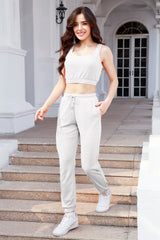 Waffle-Knit Cropped Tank and Drawstring Pants Set