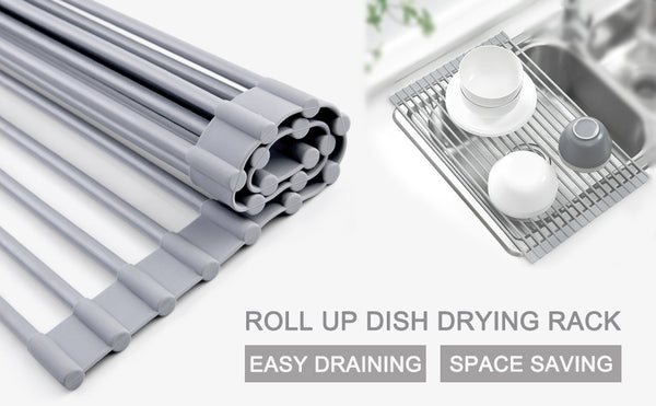 Roll Up Dish Drying Rack, Over The Sink Dish Drying Rack Kitchen Rolling Dish Drainer, Foldable Sink Rack Mat Stainless Steel Wi