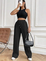 Drawstring Wide Leg Pants with Pockets