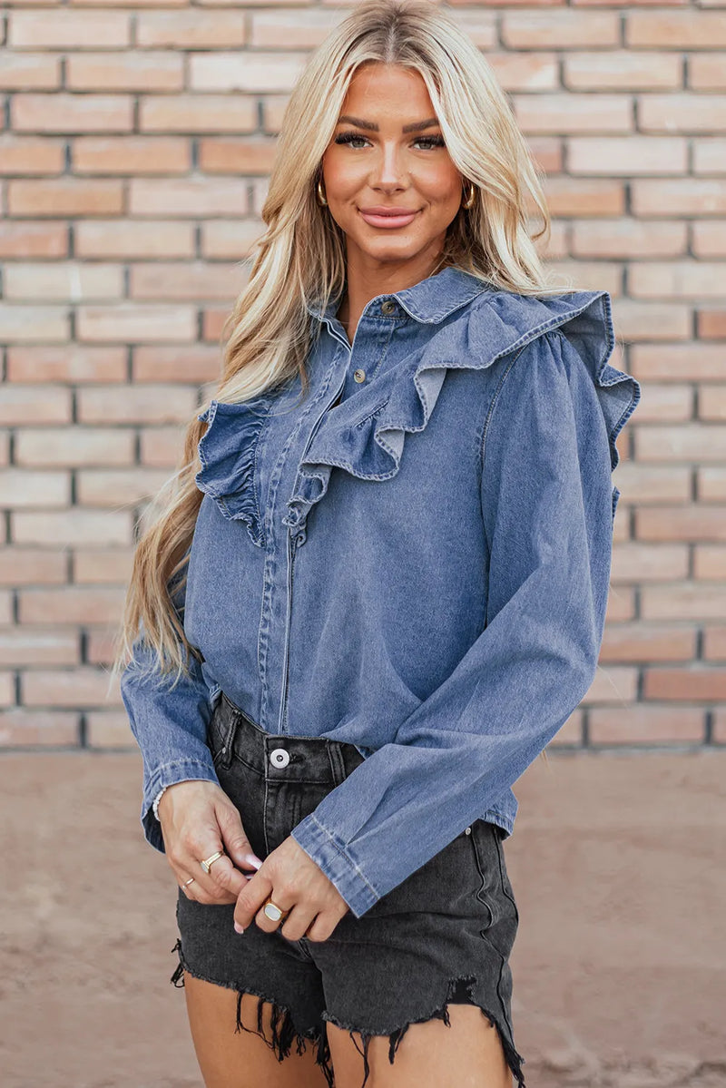 Ruffled Round Neck Long Sleeve Denim Top