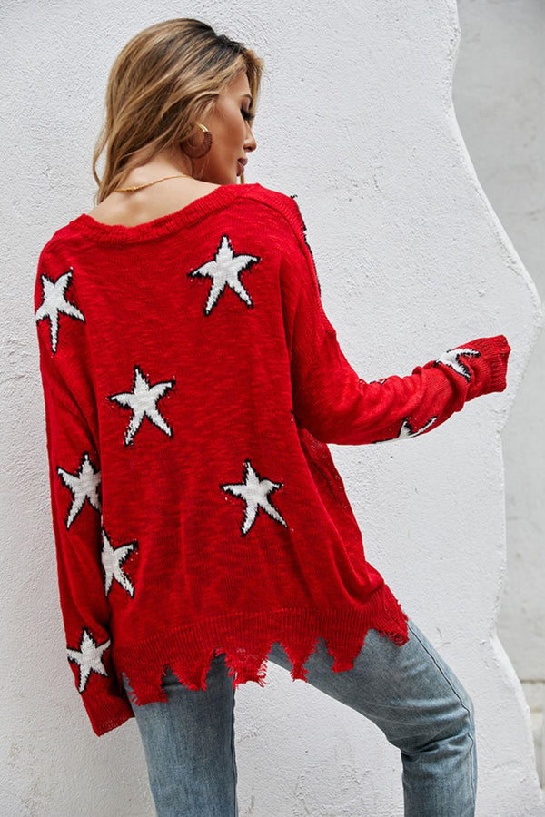 Angel Wings Star Pattern Distressed Sweater