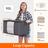 Large capacity clothing storage bag with reinforced handle, thick fabric, foldable, sturdy zipper, 1 set of 3 bags, 90L, gray