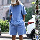 2pcs Loose Sports Suits Summer Round Neck Short-sleeved T-shirt And Drawstring Pockets Shorts Casual Solid Color Set Mens Clothing