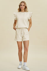 Double Take Full Size Texture Round Neck Ruffle Sleeve Top and Shorts Set