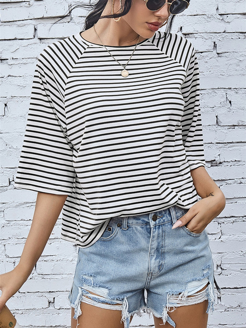 FAM-FAM Striped Round Neck Raglan Sleeve T-Shirt