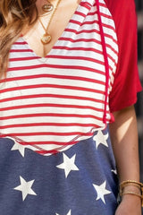 Drawstring Star & Stripes Half Sleeve Hooded Top