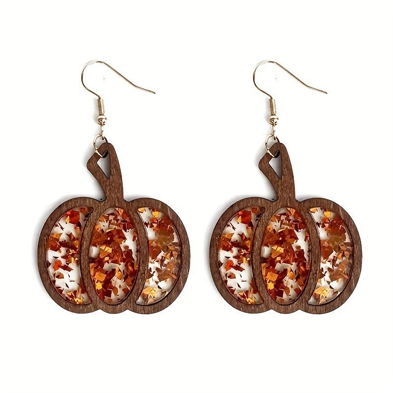 Halloween Autumn Thanksgiving Retro Big Pumpkin Wooden Earrings