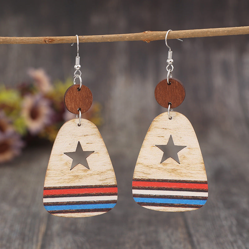 Cutout Star & Stripes Wooden Dangle Earrings