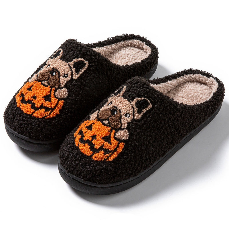 Pumpkin Dog Embroidered Slippers Cartoon Non-slip Velvet Cotton Slippers