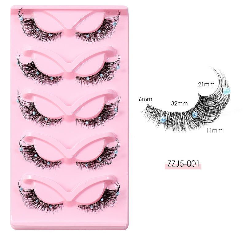 Clear Band Corner Foxy Winged Cat Eye 3D Strip Lashes Silk Party Full False Eyelash Vegan Faux Mink Eyelash With Diamond Pearl