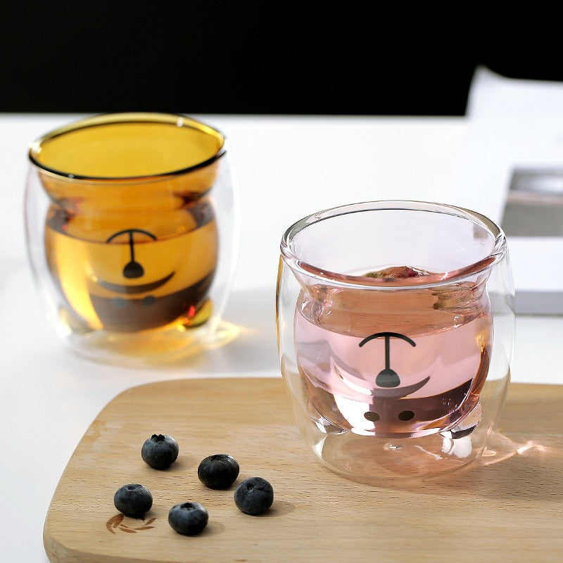 High borosilicate colored glass milk cup, cute bear shaped double-layer glass coffee cup, juice cup, beverage cup