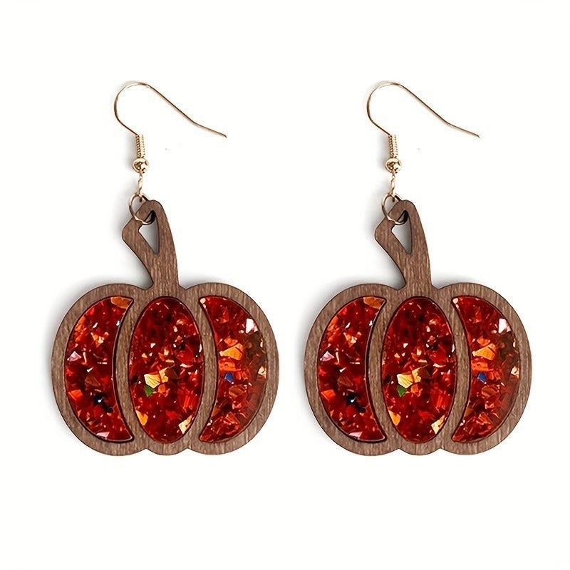 Halloween Autumn Thanksgiving Retro Big Pumpkin Wooden Earrings