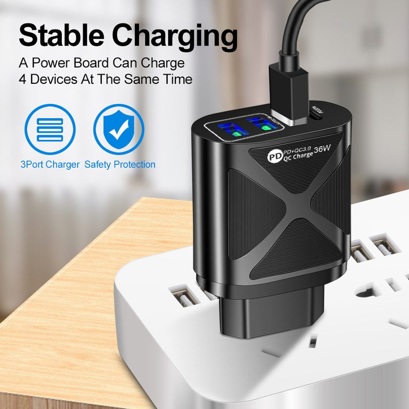 36W PD+QC3.0 2.4A Dual USB Fast Charging Phone Charger