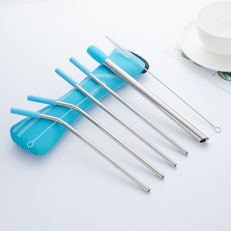 New 304 Stainless Steel Straw Drink Milkshake Metal Straw Blue Silicone Sleeve Storage Bag Set