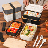 Wheat straw lunch box, Japanese style wooden lid bento box, household compartment, microwave oven lunch box, fresh-keeping box