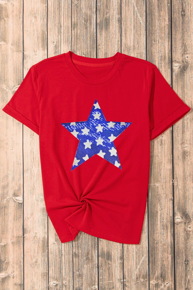 Sequin Star Round Neck Short Sleeve T-Shirt