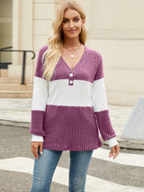 Color Block V-Neck Long Sleeve T-Shirt