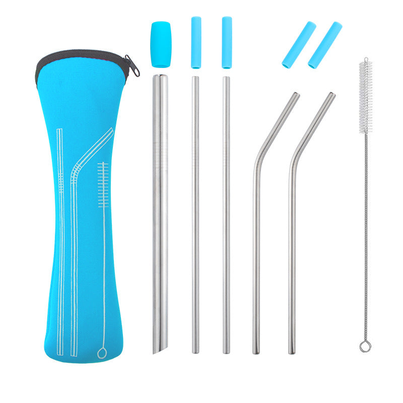 New 304 Stainless Steel Straw Drink Milkshake Metal Straw Blue Silicone Sleeve Storage Bag Set