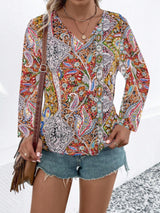 Printed V-Neck Long Sleeve Blouse