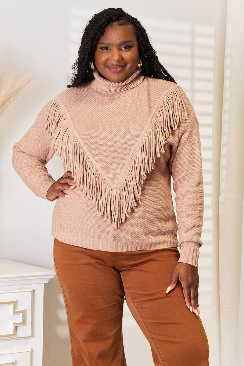 Woven Right Turtleneck Fringe Front Long Sleeve Sweater