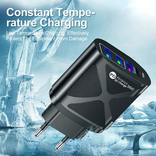 36W PD+QC3.0 2.4A Dual USB Fast Charging Phone Charger