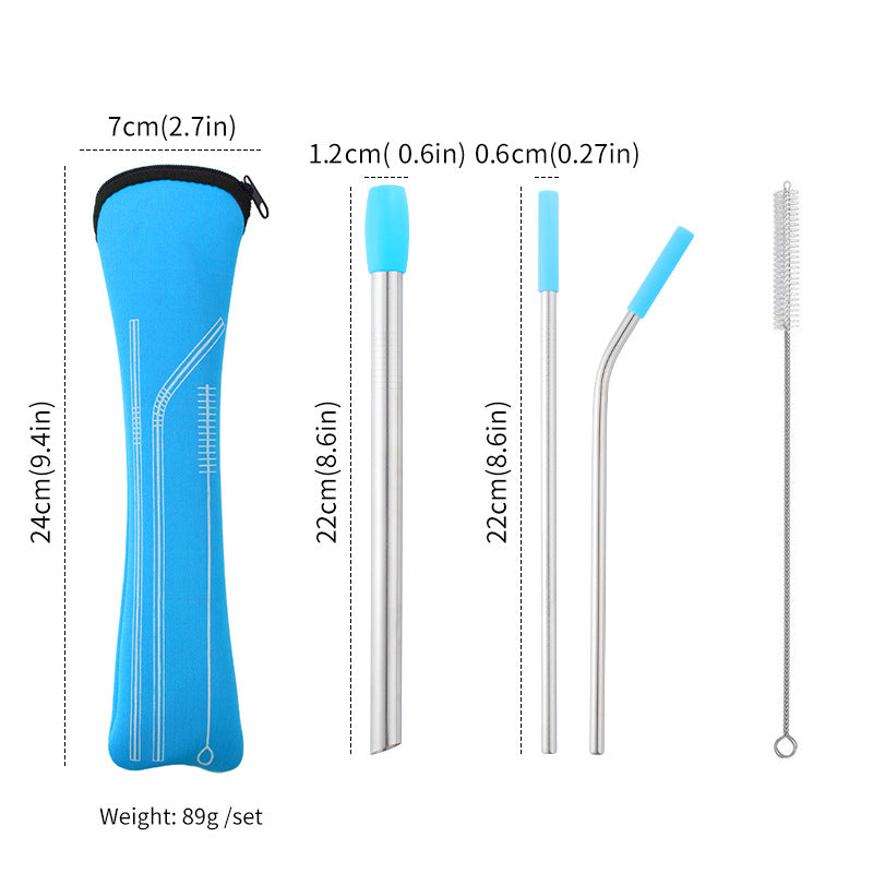 New 304 Stainless Steel Straw Drink Milkshake Metal Straw Blue Silicone Sleeve Storage Bag Set