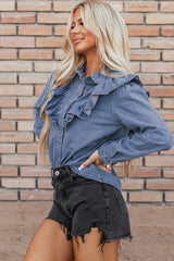 Ruffled Round Neck Long Sleeve Denim Top