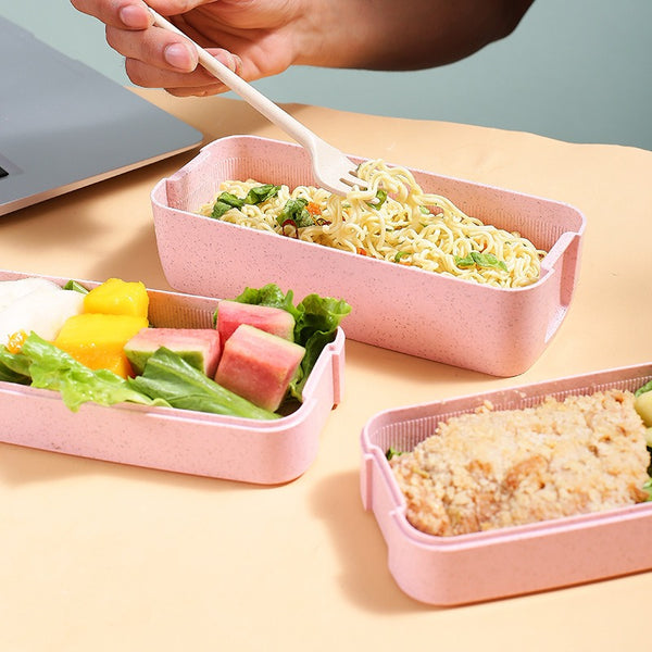 Wheat straw lunch box office portable three-layer lunch box square sealed bento box divided student lunch box