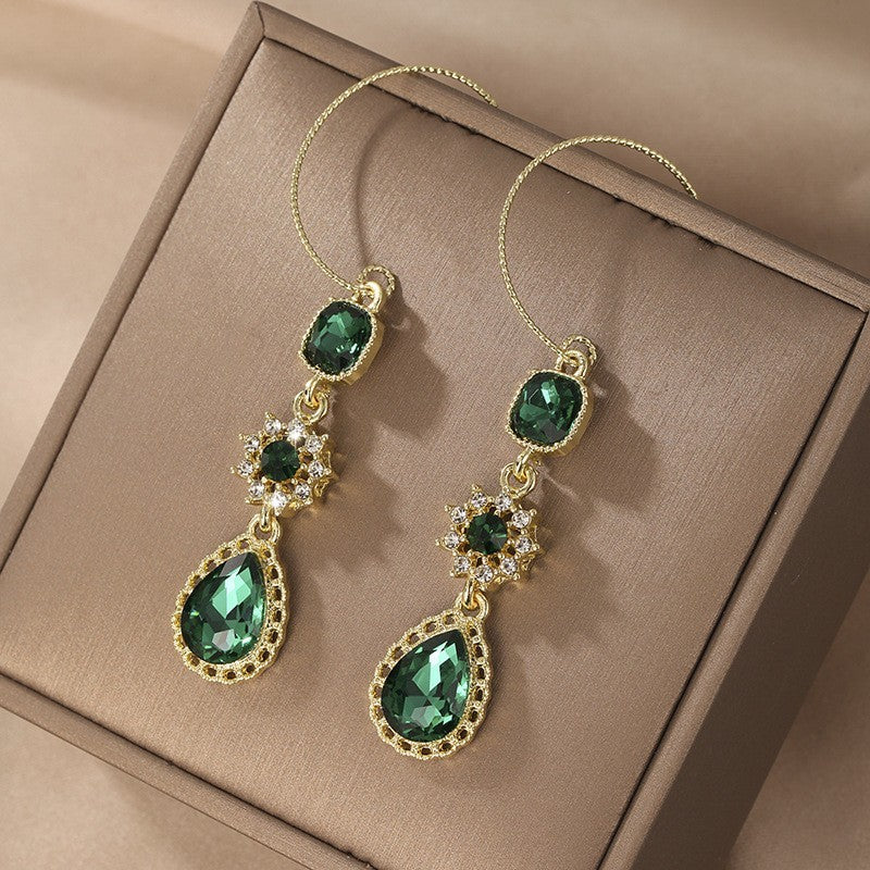 Green Long Water Droplet Fringe Earrings For Women's Fashion, Light Luxury Temperament, Flower Ear Hooks, Antique Earrings