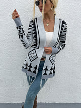 Shiny Geometric Fringe Hem Open Front Cardigan