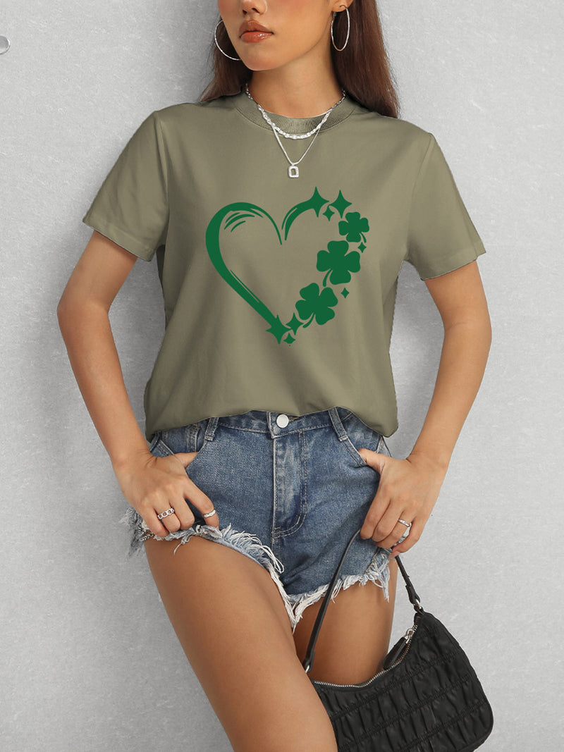 Heart Lucky Clover Round Neck Short Sleeve T-Shirt