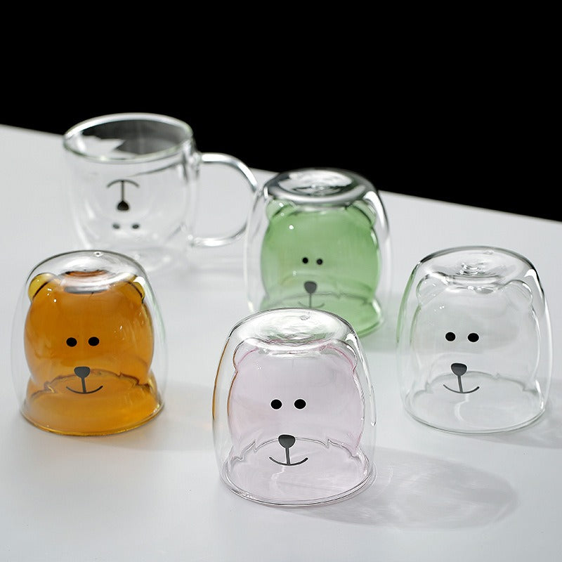 High borosilicate colored glass milk cup, cute bear shaped double-layer glass coffee cup, juice cup, beverage cup