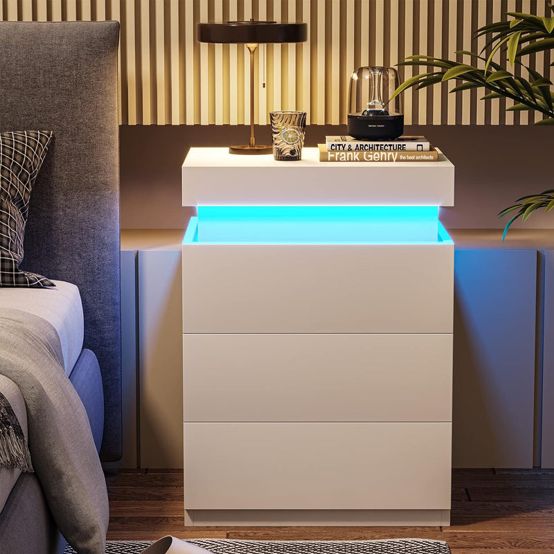 LED White Nightstand With 3 Drawers, Modern Multi-Colour LED Night Table Bedside Tables for Bedroom, Living Room