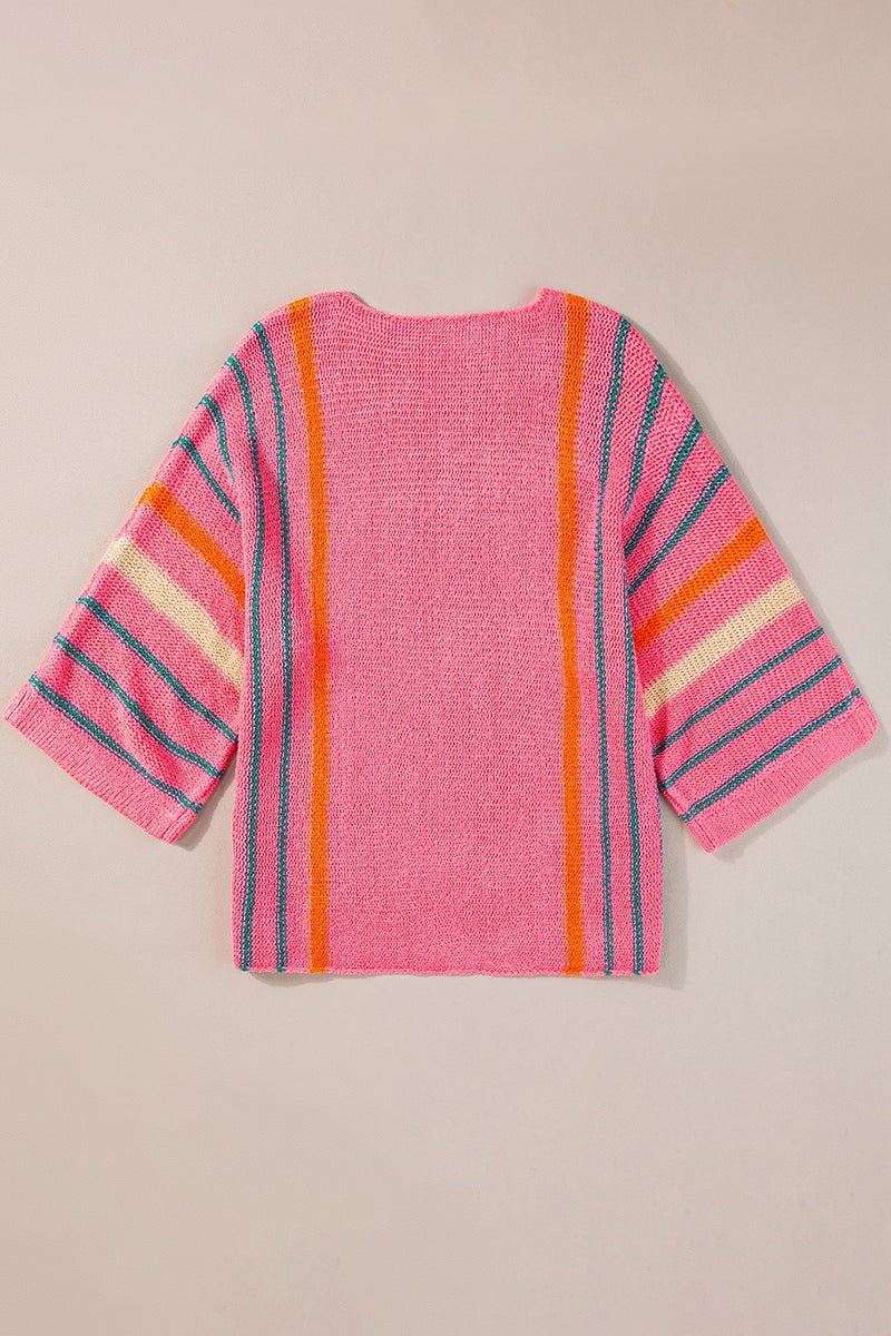 Striped Boat Neck Three-Quarter Sleeve Knit Top