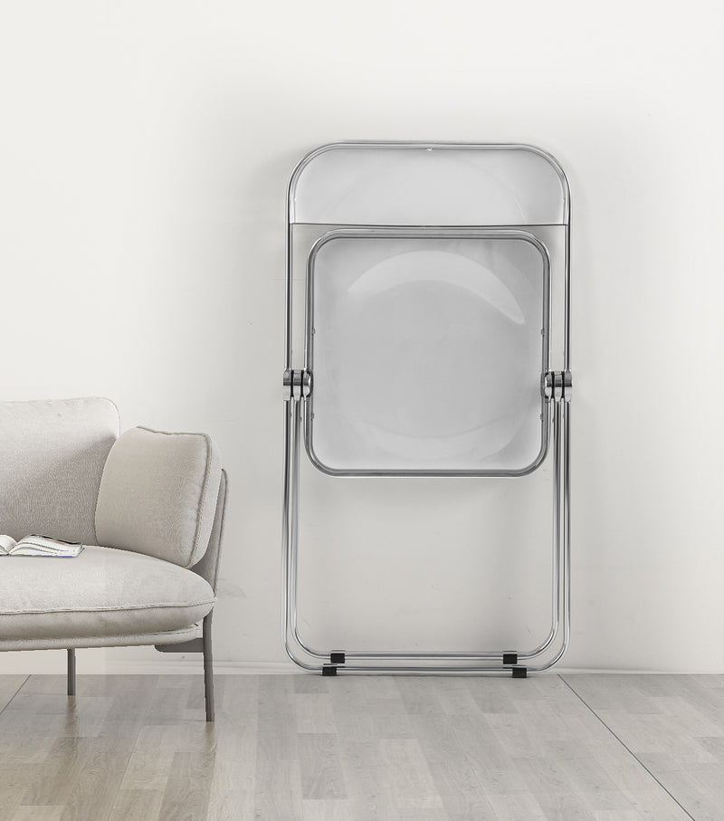 Transparent chair, stackable folding chair, PC plastic living room chair, chrome frame foldable acrylic chair, O-Clear
