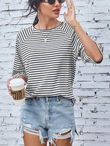 FAM-FAM Striped Round Neck Raglan Sleeve T-Shirt