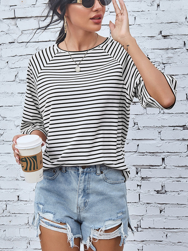 FAM-FAM Striped Round Neck Raglan Sleeve T-Shirt