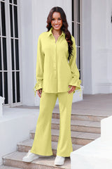 Drawstring Flounce Sleeve Shirt and Pants Set