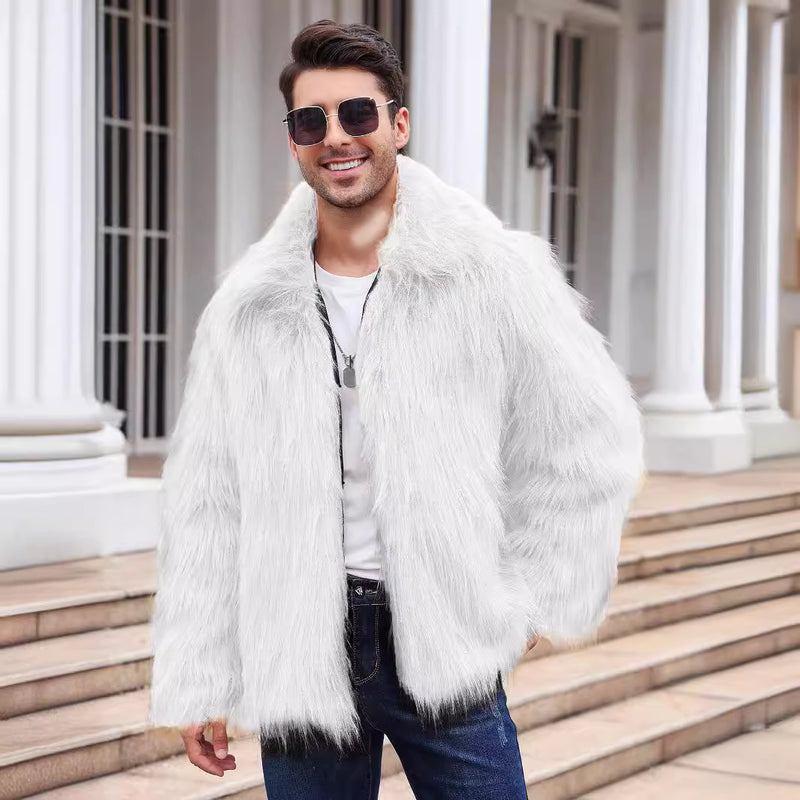 European And American Men's Lapel Short Faux Fur Jacket Warm Coat Overcoat