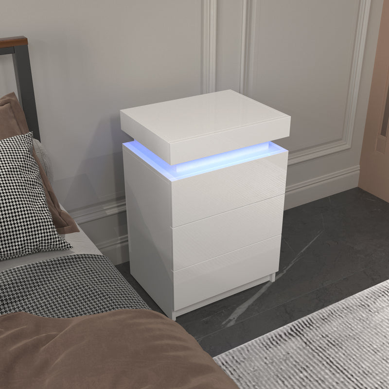 LED White Nightstand With 3 Drawers, Modern Multi-Colour LED Night Table Bedside Tables for Bedroom, Living Room