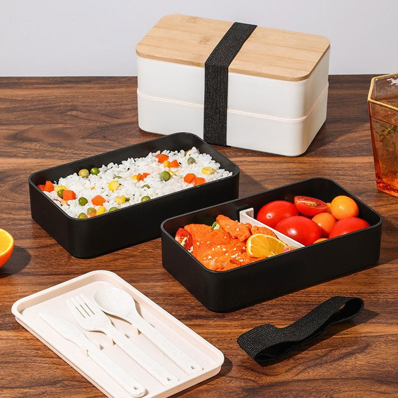 Wheat straw lunch box, Japanese style wooden lid bento box, household compartment, microwave oven lunch box, fresh-keeping box