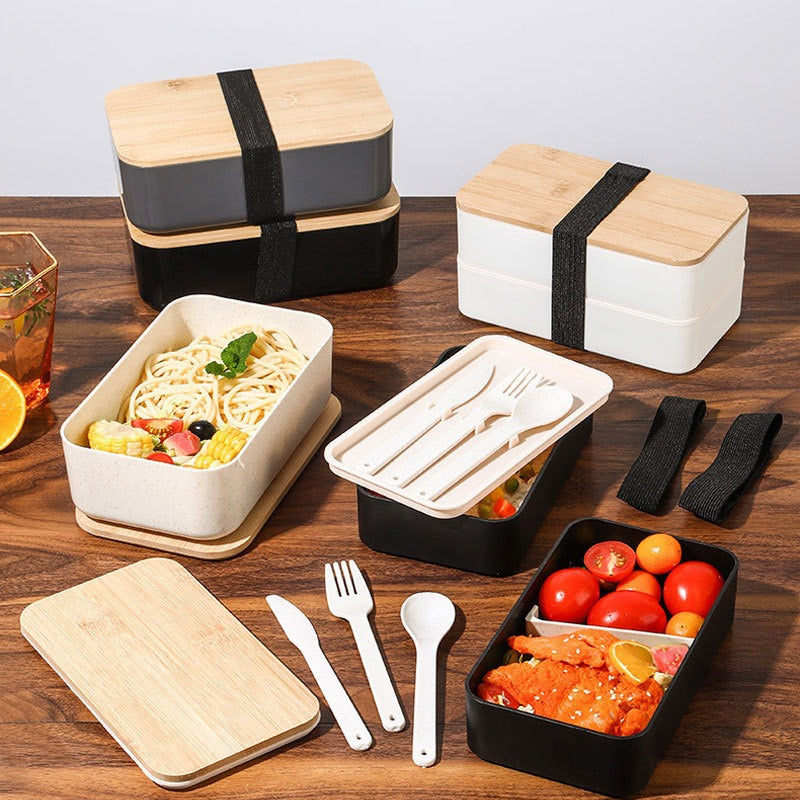 Wheat straw lunch box, Japanese style wooden lid bento box, household compartment, microwave oven lunch box, fresh-keeping box