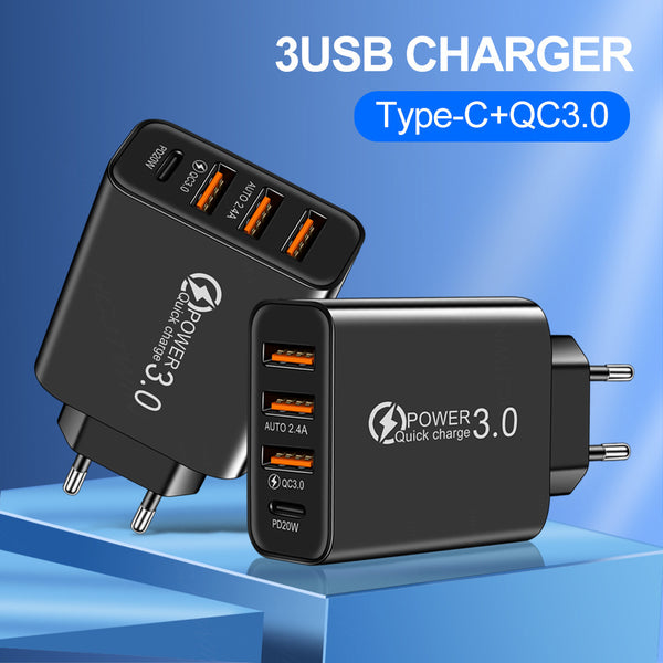 3USB+PD Type-C mobile phone charger with multiple USB ports, travel charging head