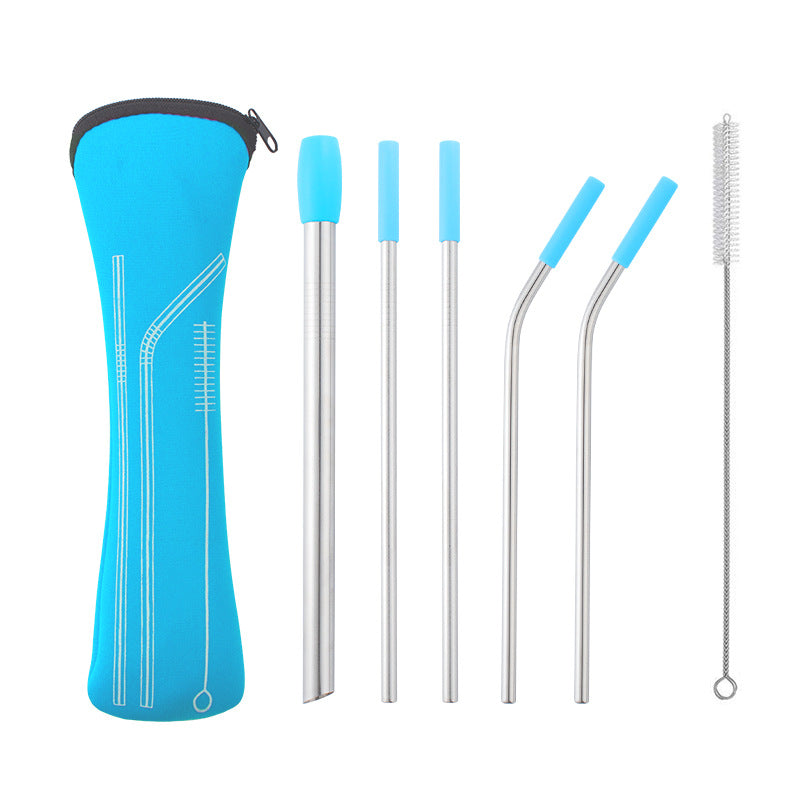 New 304 Stainless Steel Straw Drink Milkshake Metal Straw Blue Silicone Sleeve Storage Bag Set