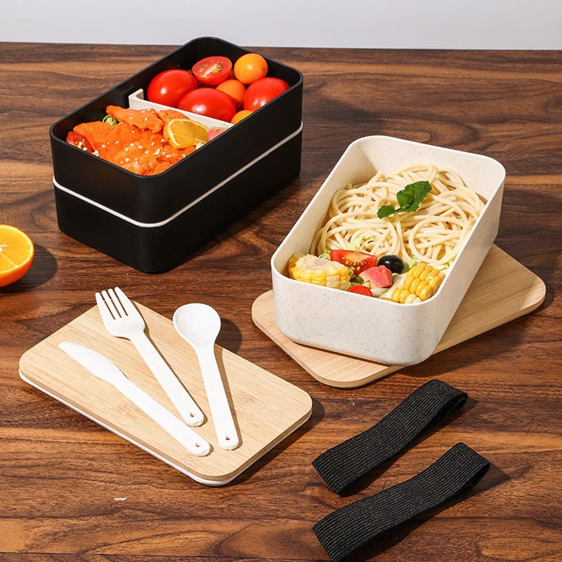 Wheat straw lunch box, Japanese style wooden lid bento box, household compartment, microwave oven lunch box, fresh-keeping box