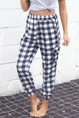 Perfee Plaid Elastic High Waist Cargo Pants