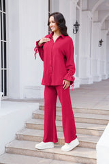 Drawstring Flounce Sleeve Shirt and Pants Set