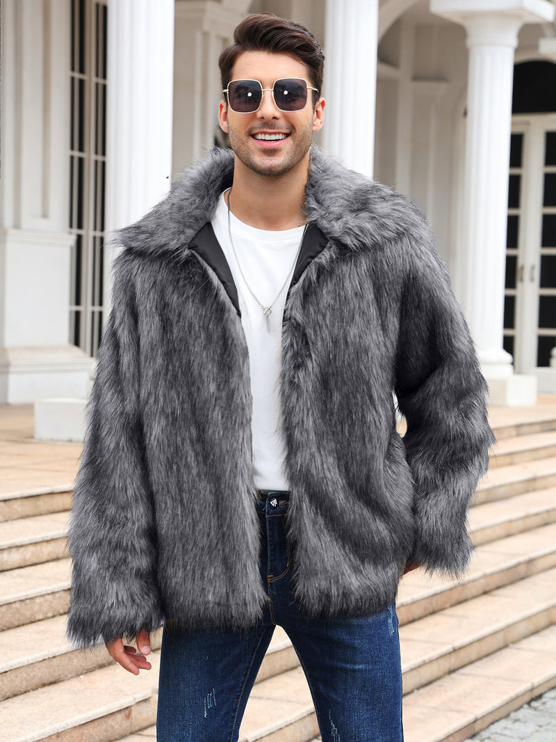 European And American Men's Lapel Short Faux Fur Jacket Warm Coat Overcoat