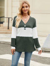 Color Block V-Neck Long Sleeve T-Shirt